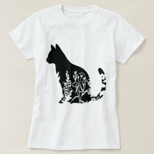 Blumen-Katzensilhouette Minimalistisches Design T-Shirt