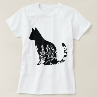 Blumen-Katzensilhouette Minimalistisches Design T-Shirt
