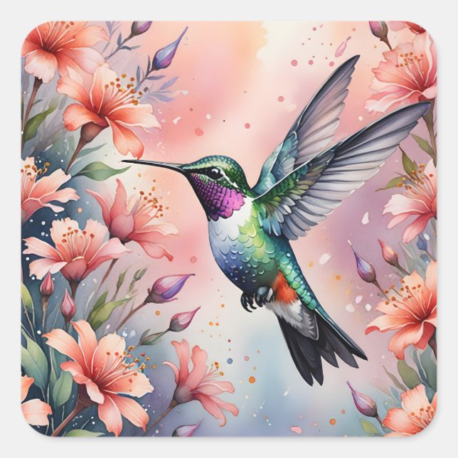 Blumen-Kolibri-Aufkleber Quadratischer Aufkleber (Vorderseite)