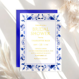 Blumen Königlichblaue Hochzeitsdusche Gold Folieneinladung