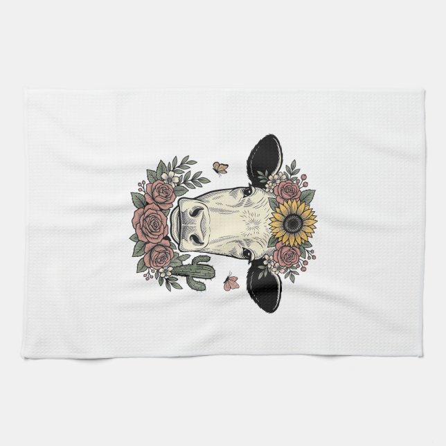 Blumen-Kuhkopf-Vintage-Stichdesign_1 Geschirrtuch (Horizontal)