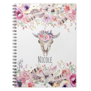 Blumen & Kuhschädel Rustikaler Land Glamour Boho C Notizblock