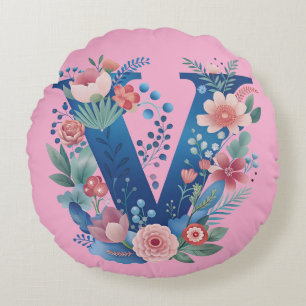 Blumen-Letter V-Monogramm-Wurfkissen für Zuhause Rundes Kissen