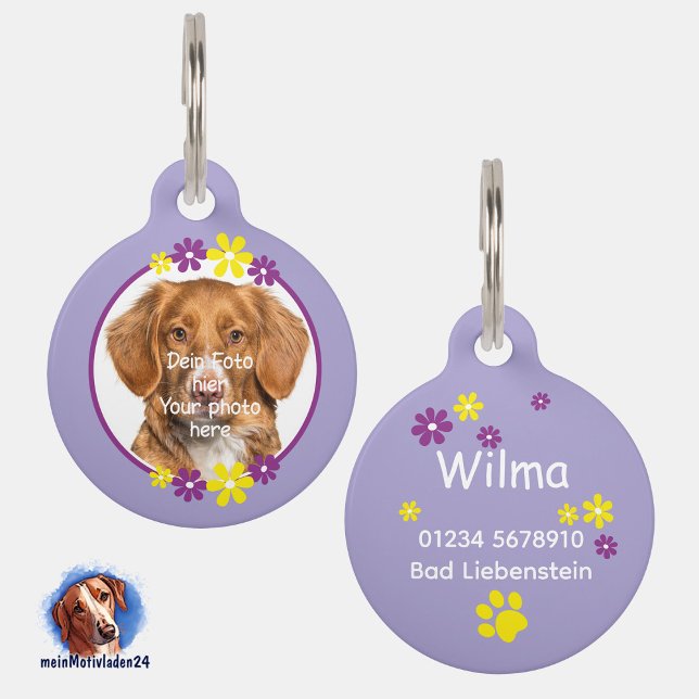Blumen lila gelb | lila Hundemarke Haustiermarke (Foto-Haustiermarke mit Blumenumrandung, lila, personalisierbar mit eigenem Foto und Text)