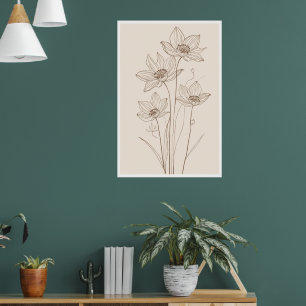 Blumen Linienkunst - Elegantes Beige Plakat
