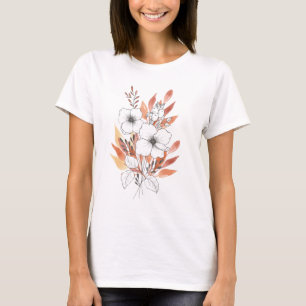 Blumen Linienkunst & Terrakotta Aquarell – Elegant T-Shirt