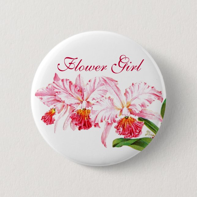 Blumen-Mädchen-Button mit rosa Orchideen Button (Vorderseite)