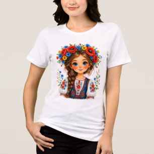 Blumen-Mädchen-Porträt Volkskunst Tri-Blend Shirt