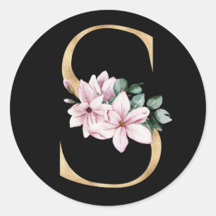 Blumen-Magnolie-Monogramm in Gold Buchstabe S Runder Aufkleber