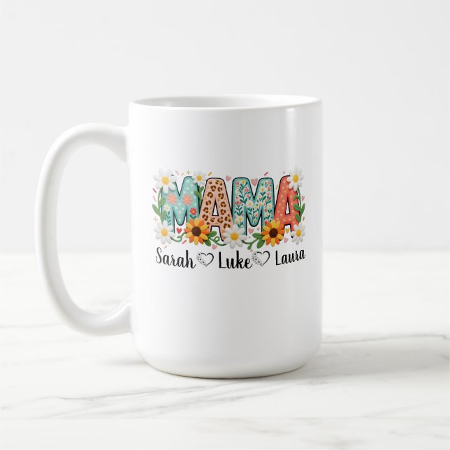 Blumen-Mama mit Kindernamen Kaffeetasse (Links)