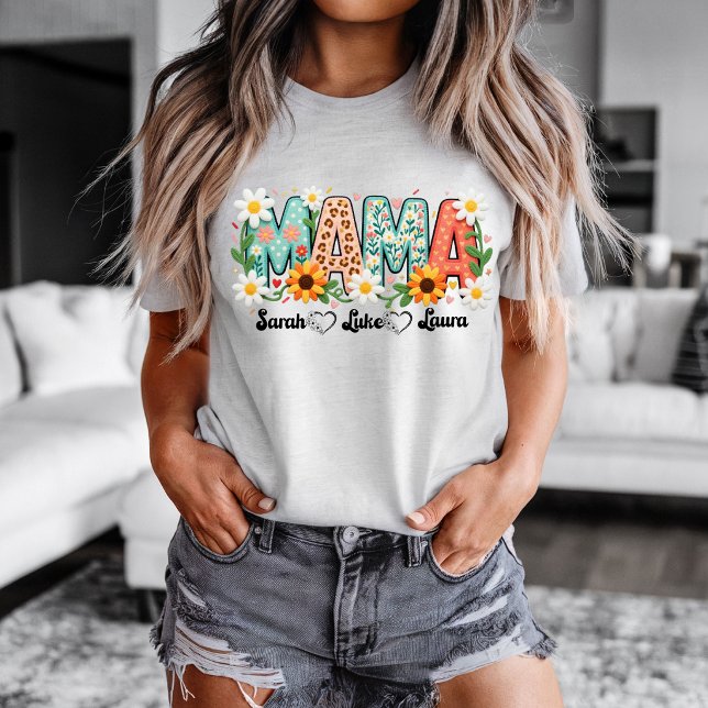 Blumen-Mama mit Kindernamen T-Shirt (Beautiful Mama design with personalized kids names. )