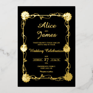 Blumen-Mandala Elegante Schwarze Goldfolie-Hochzei Folieneinladung