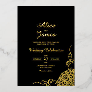 Blumen-Mandala-Schwarze-Goldfolie-Hochzeitseinladu Folieneinladung