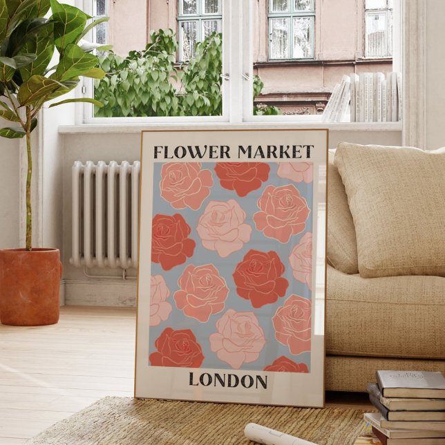 Blumen Market London Blush Pink Rote Rosen Bloral Poster (In situ Living room)