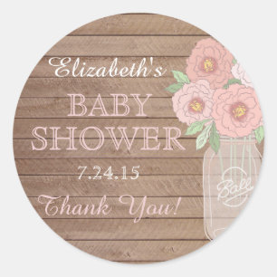 Blumen-Mason-Glas & Holz Rosa Baby Shower Aufklebe Runder Aufkleber