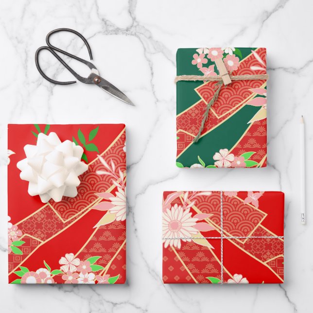 Blumen-Mix-Kimono-Muster Weihnachtsedition. Geschenkpapier Set (Vorderseite)