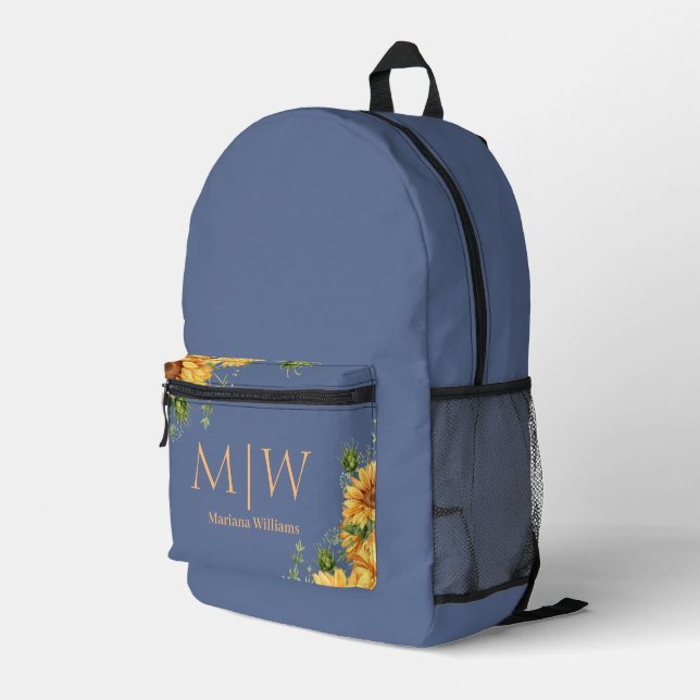 Blumen-Monogramm-Sonnenblumen Gelb-Blau-Nova-Chic Bedruckter Rucksack (Rückseitige Ecke Rechts)