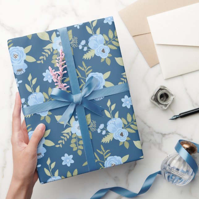 Blumen Navy Blau Grün Blau Streifen  Geschenkpapier (Schenken)