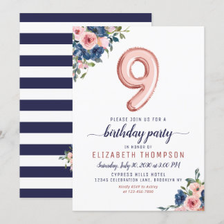 Blumen Navy Blush Rosen Gold Ballon 9. Geburtstag Einladung