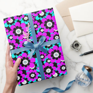 Blumen Neon-Muster lila und türkis Blumen Geschenkpapier