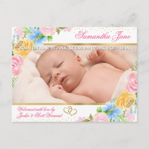 Blumen Neugeborenes Baby Foto Geburtsanzeige Ankündigungspostkarte