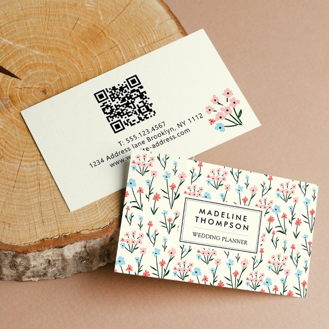 Blumen Pastell Rosa Blau Blumen Muster QR-Code Visitenkarte (Von Creator hochgeladen)