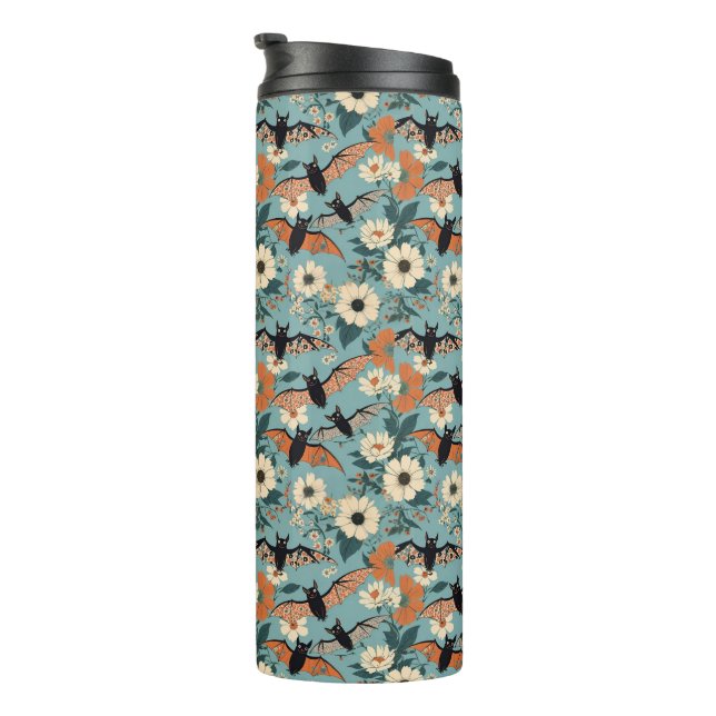 Blumen-Patchwork-Halloween-Fledermäuse und Blumen Thermosbecher (Nach rechts gedreht)