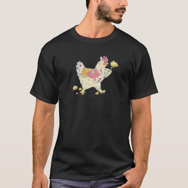Blumen-Patchwork-Muster-Hühnchen-Deckchenherstelle T-Shirt (Vorderseite)