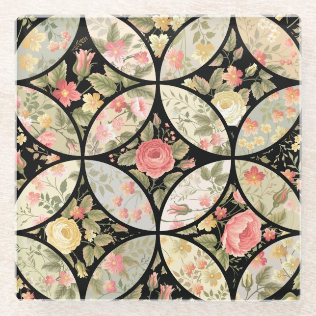Blumen-Patchwork-Vintage-Nahtloses Muster Glasuntersetzer (Vorderseite)