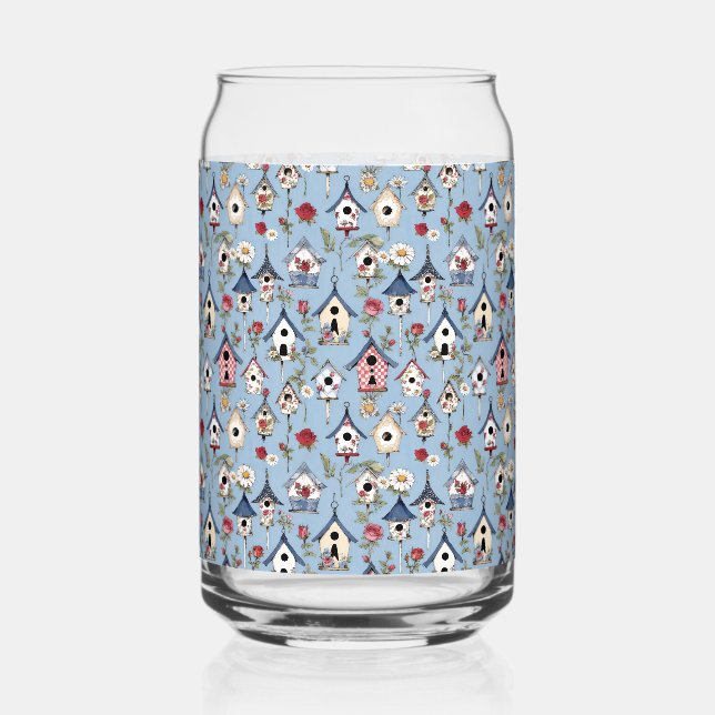 Blumen-Patchwork-Vogelhäuschen und himmelblauer Hi Dosenglas (Vorderseite)