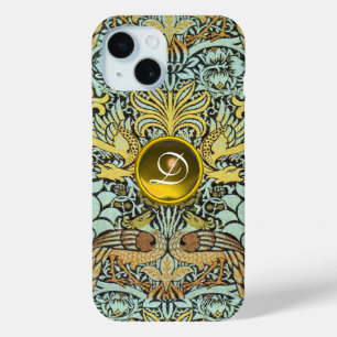 BLUMEN,PFÄUE UND DRACHEN GELBE GEM-MONOGRAMM iPhone 15 HÜLLE