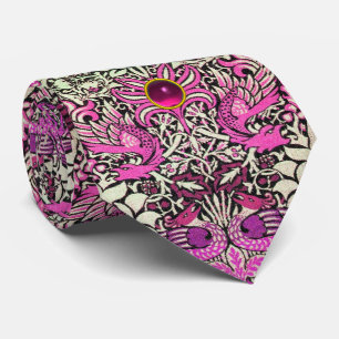 BLUMEN, PFAUS UND DRACHE-ROSA EDELSTEIN-STEIN KRAWATTE