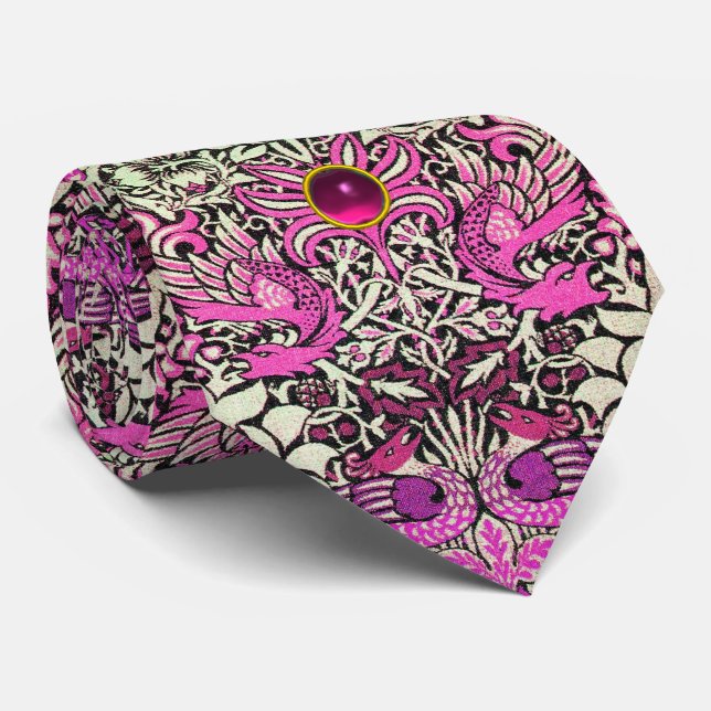 BLUMEN, PFAUS UND DRACHE-ROSA EDELSTEIN-STEIN KRAWATTE (Gerollt)