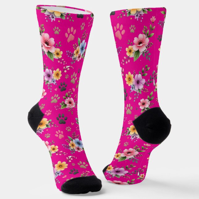 Blumen- & Pfotenabdruck-Muster-Socken – Süße Paste Socken (Gewinkelt)