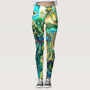 Blumen-Power FRAKTAL-BATIK aquamarine gelbe blaue Leggings