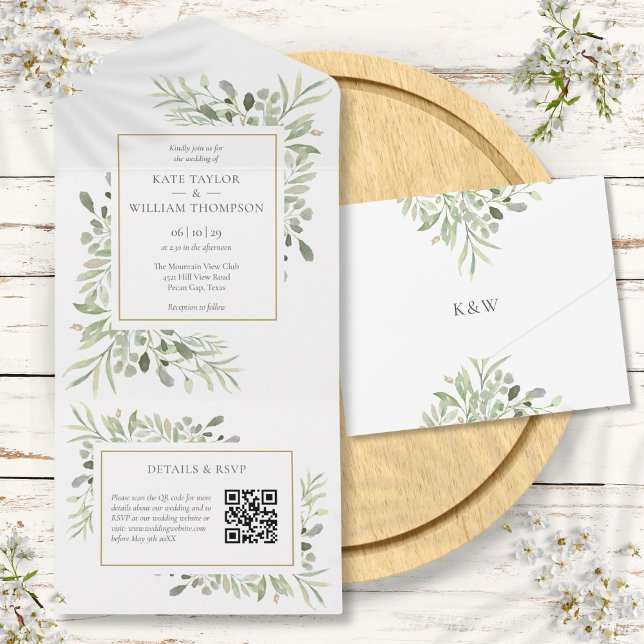 Blumen QR-Code-Monogramm-Hochzeit All In One Einladung (Greenery Floral QR Code Monogram Wedding All In One Invitation)