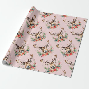 Blumen-Rentier im Vintage-Weihnachtsstil  Geschenkpapier