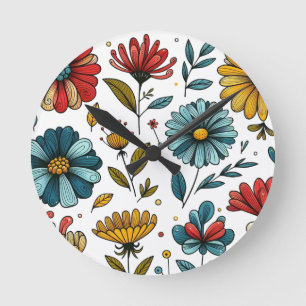 Blumen-Retro-Volkskunst Runde Wanduhr
