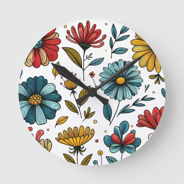 Blumen-Retro-Volkskunst Runde Wanduhr (Vorderseite)