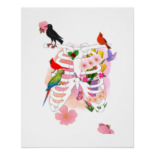 Blumen-Rippenkäfig und Vögel Surrealer Naturposter Poster