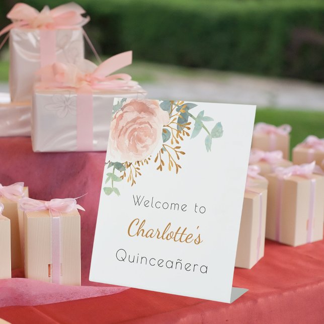 Blumen Rose Goldgrün Quinceanera Empfang Sockelschild (Von Creator hochgeladen)