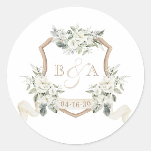 Blumen-Salbei-Grün-Weiße-Blumen-Wappen-Hochzeit Runder Aufkleber