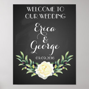 Blumen-Schablone Rose Willkommen Hochzeitsschild D Poster