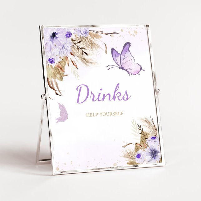 Blumen-Schmetterling-Baby-Shower-Getränke-Schild Poster (Purple Butterfly Baby Shower Drinks Sign)