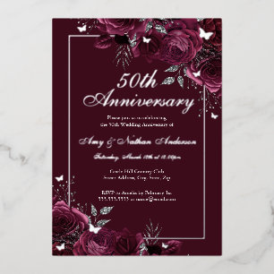 Blumen-Schmetterling-Burgund 50. Hochzeitstag Folieneinladung