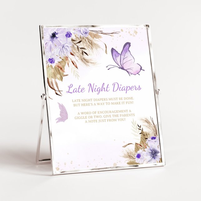 Blumen-Schmetterling-Dusch-Spätnachts-Windeln-Schi Poster (Purple Butterfly Baby Shower Late Night Diapers Sign)