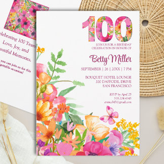 Blumen-Schmetterling-Elegante Party zum 100. Gebur Einladung
