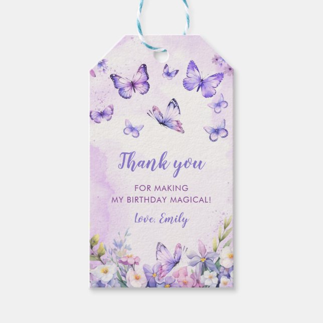Blumen-Schmetterling-Geburtstags-Geschenk-Tags Geschenkanhänger (Vorderseite)