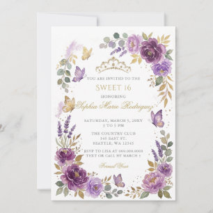 Blumen-Schmetterling Lila Gold-Tiara Sweet 16 Einladung