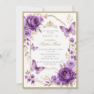 Blumen-Schmetterling Lila Gold-Tiara Sweet 16 Einladung